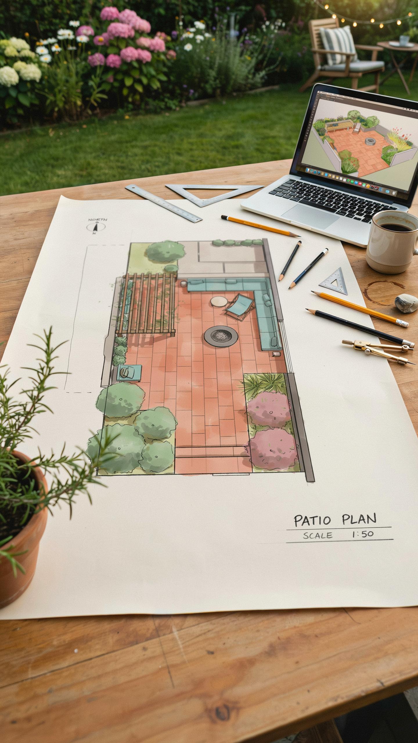 A bird's-eye view of a detailed, hand-drawn patio plan with watercolor accents, laid out on a rustic wooden table in a lush garden setting. To its rig