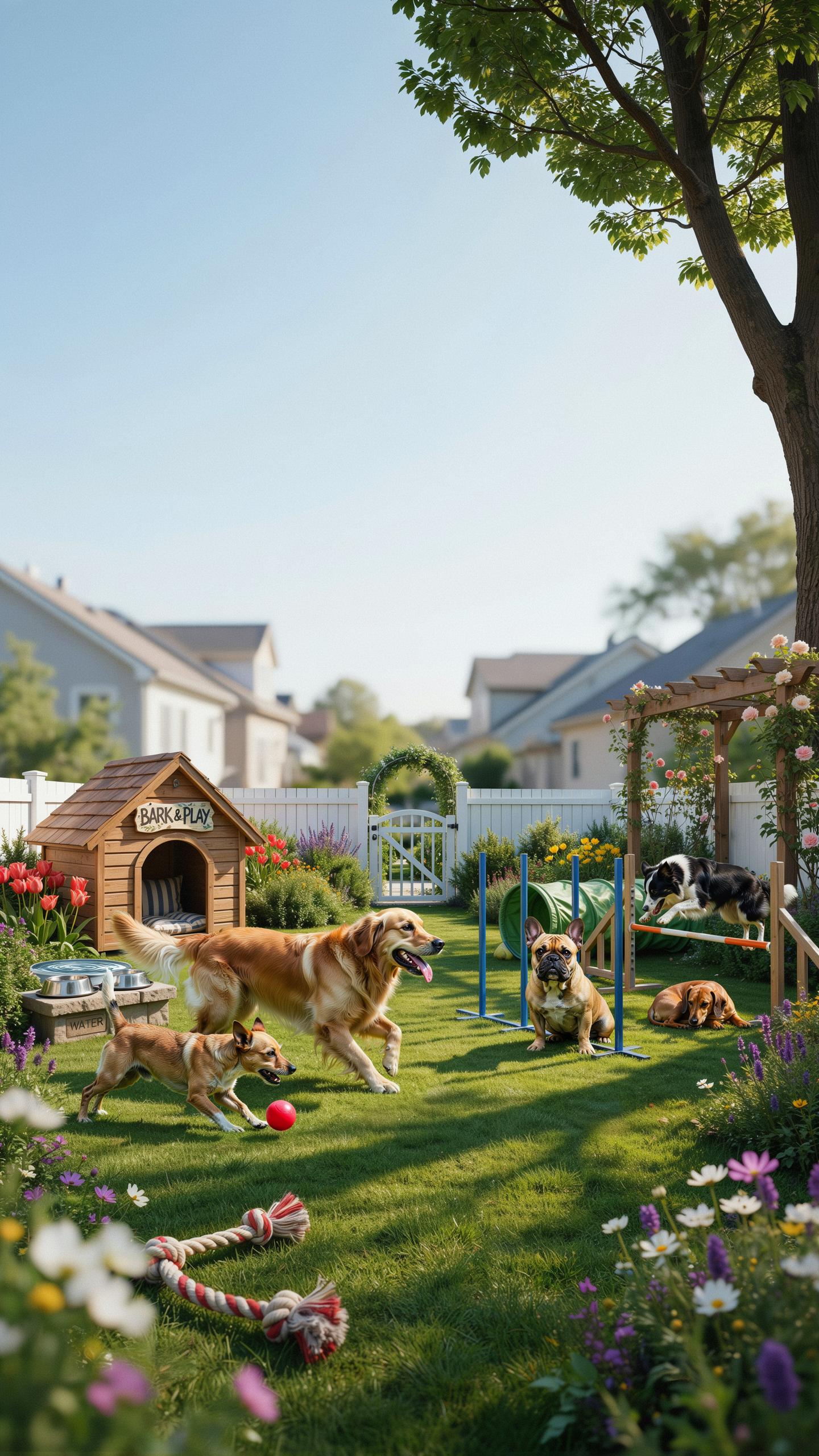 A vibrant, sunlit, illustrative scene shows multiple golden retrievers of various ages playing and resting in a lush, green backyard, surrounded by a
