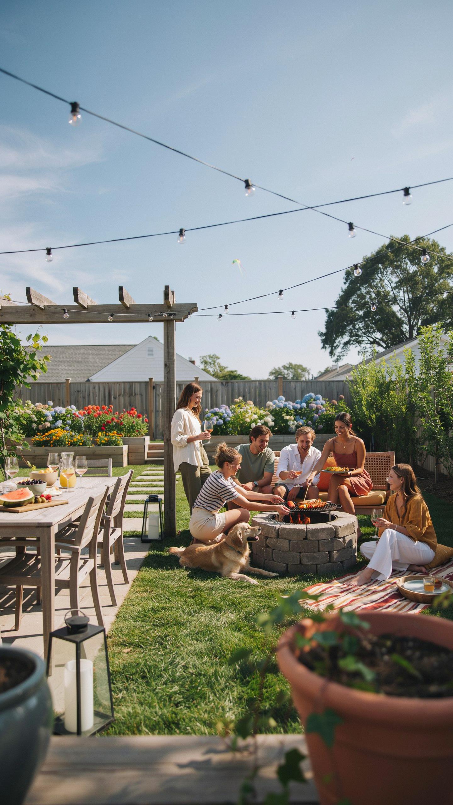A group of six friends gathers around a stone fire pit on a lush green lawn, with one woman standing near a wooden pergola and a dining table with cha