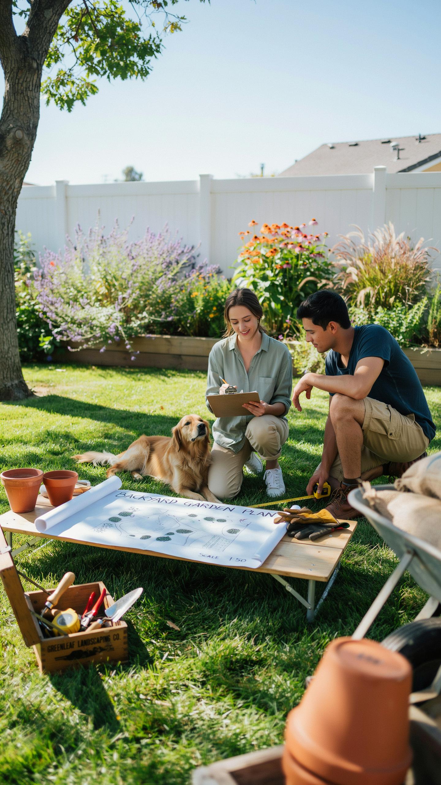 A golden retriever lies beside a kneeling woman holding a clipboard, while a man crouches next to a portable table with gardening supplies, all in a s