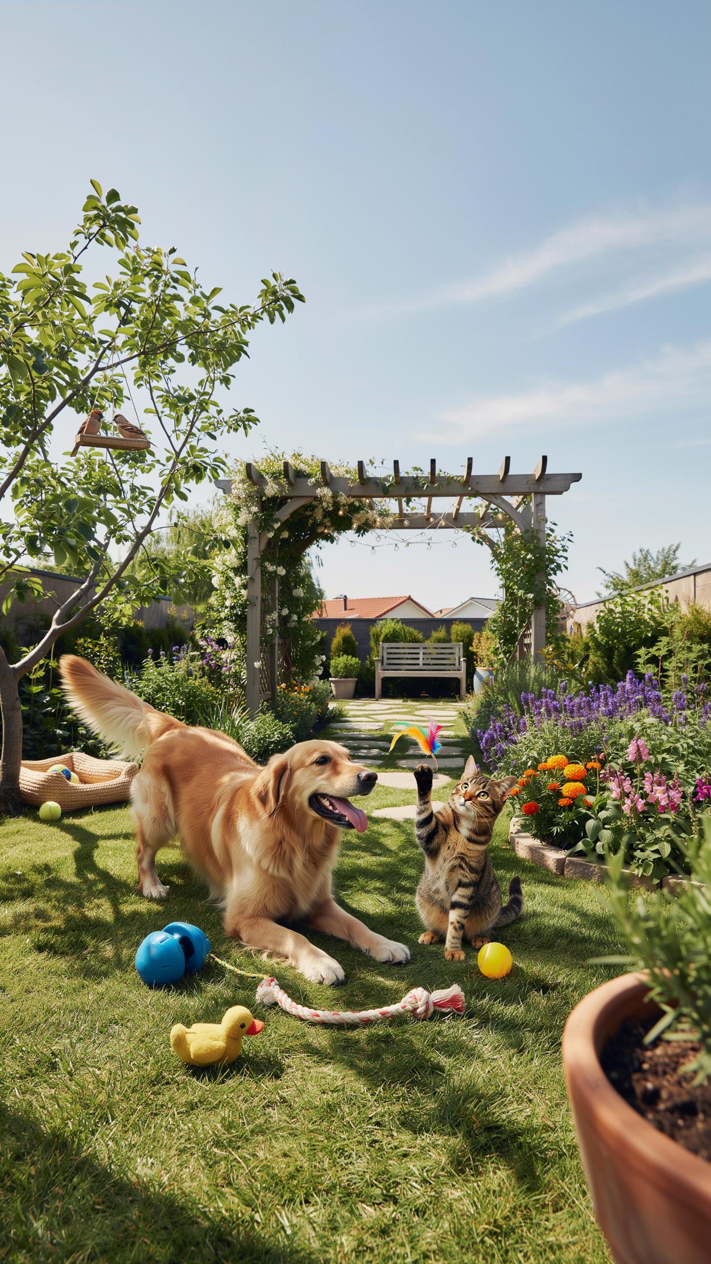 A golden retriever dog lies on green grass in a sunny garden, looking towards a tabby cat sitting nearby, with various toys scattered around them and