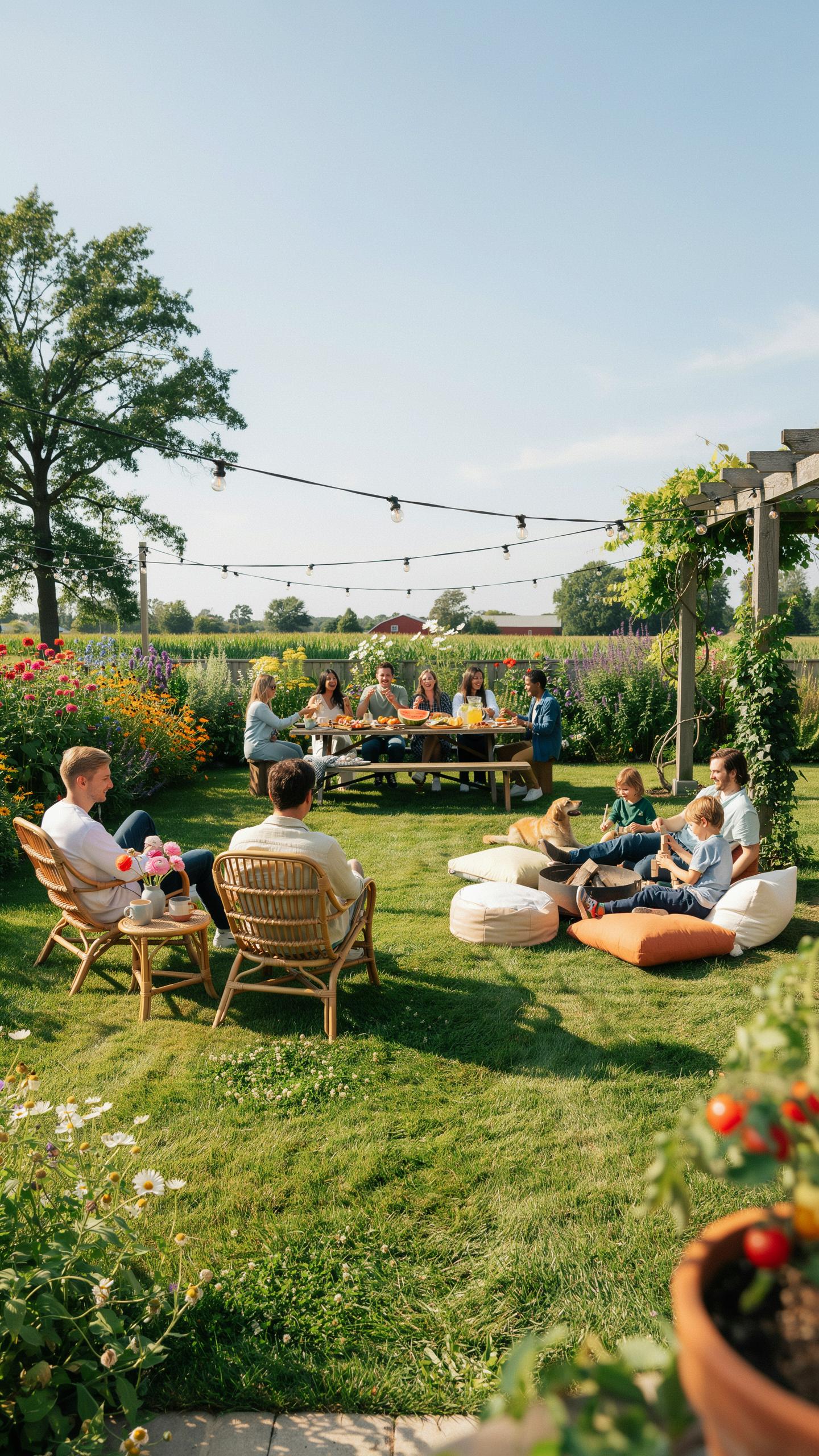 A large group of people of various ages are gathered in a sunny, green backyard for a social event, with some seated at a long table, others in wicker