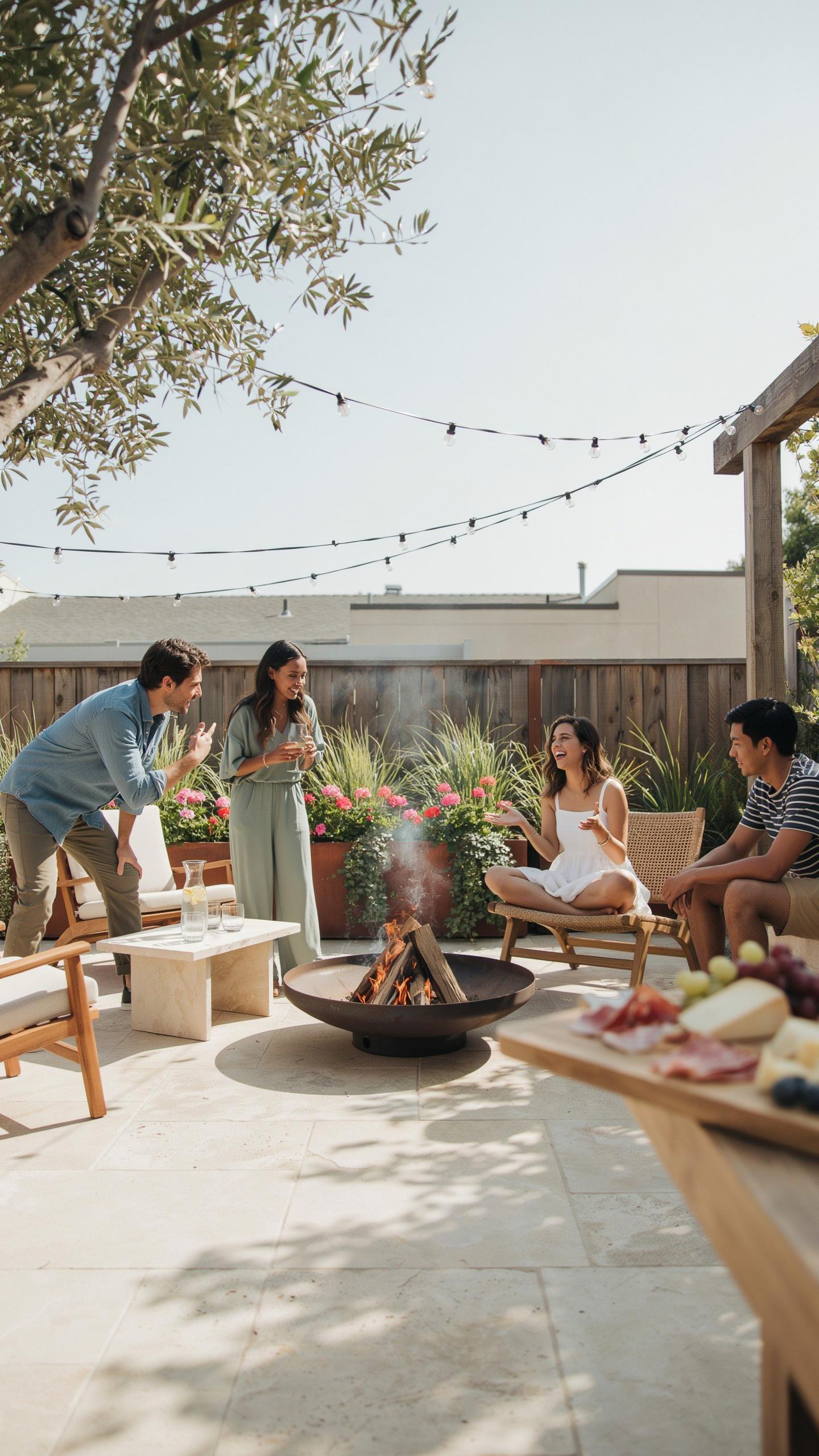 Four friends are gathered around a lit fire pit on a stone patio, with one man leaning forward, two women seated in chairs, and another man seated, al