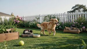 A golden retriever dog walks across a green lawn in a backyard with a white picket fence, a black and white cat sits on a stone next to a water bowl,
