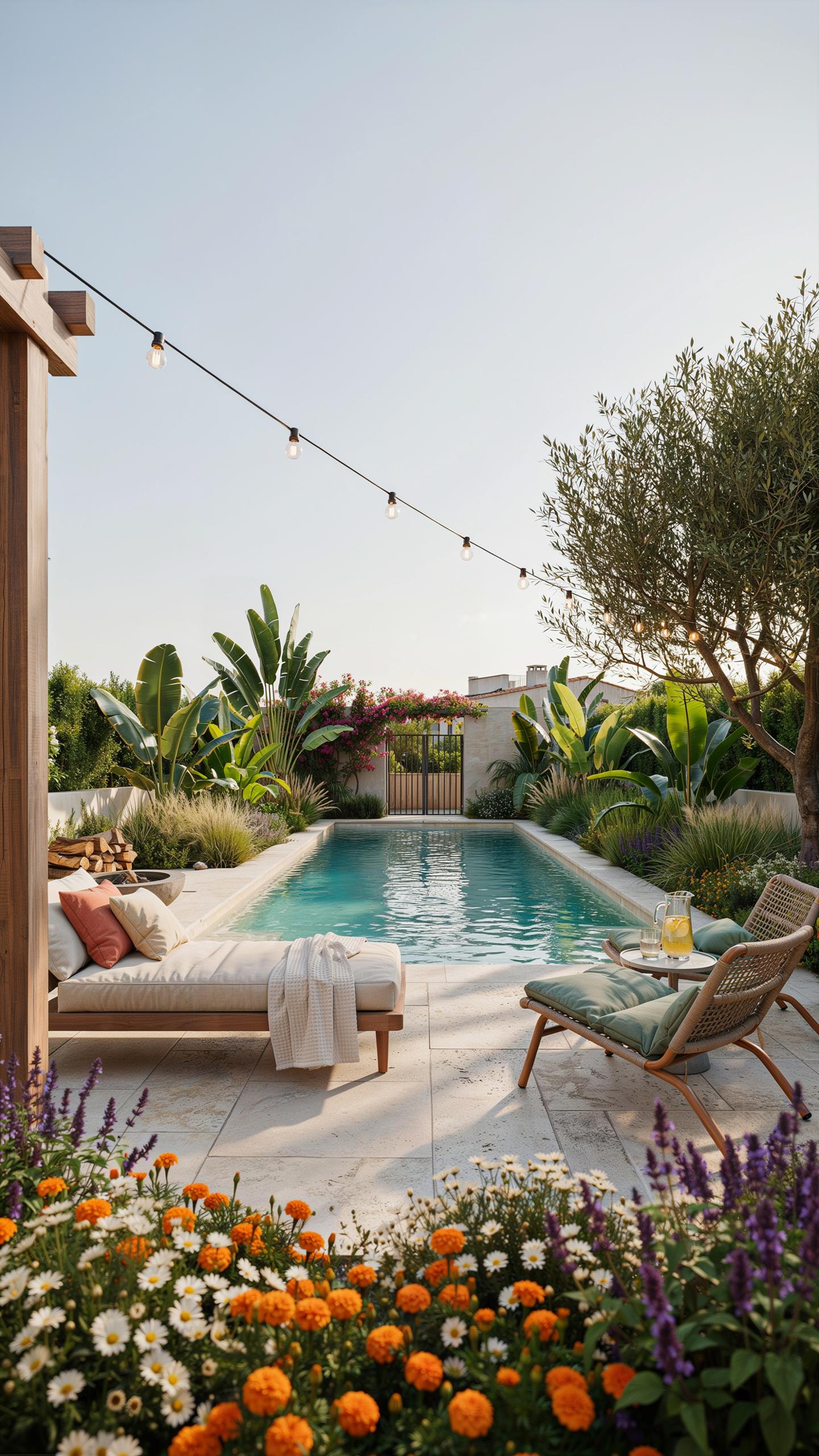 A beautiful, sunlit backyard features a rectangular swimming pool surrounded by lush green foliage, a lounge chair with a blanket, and another chair w