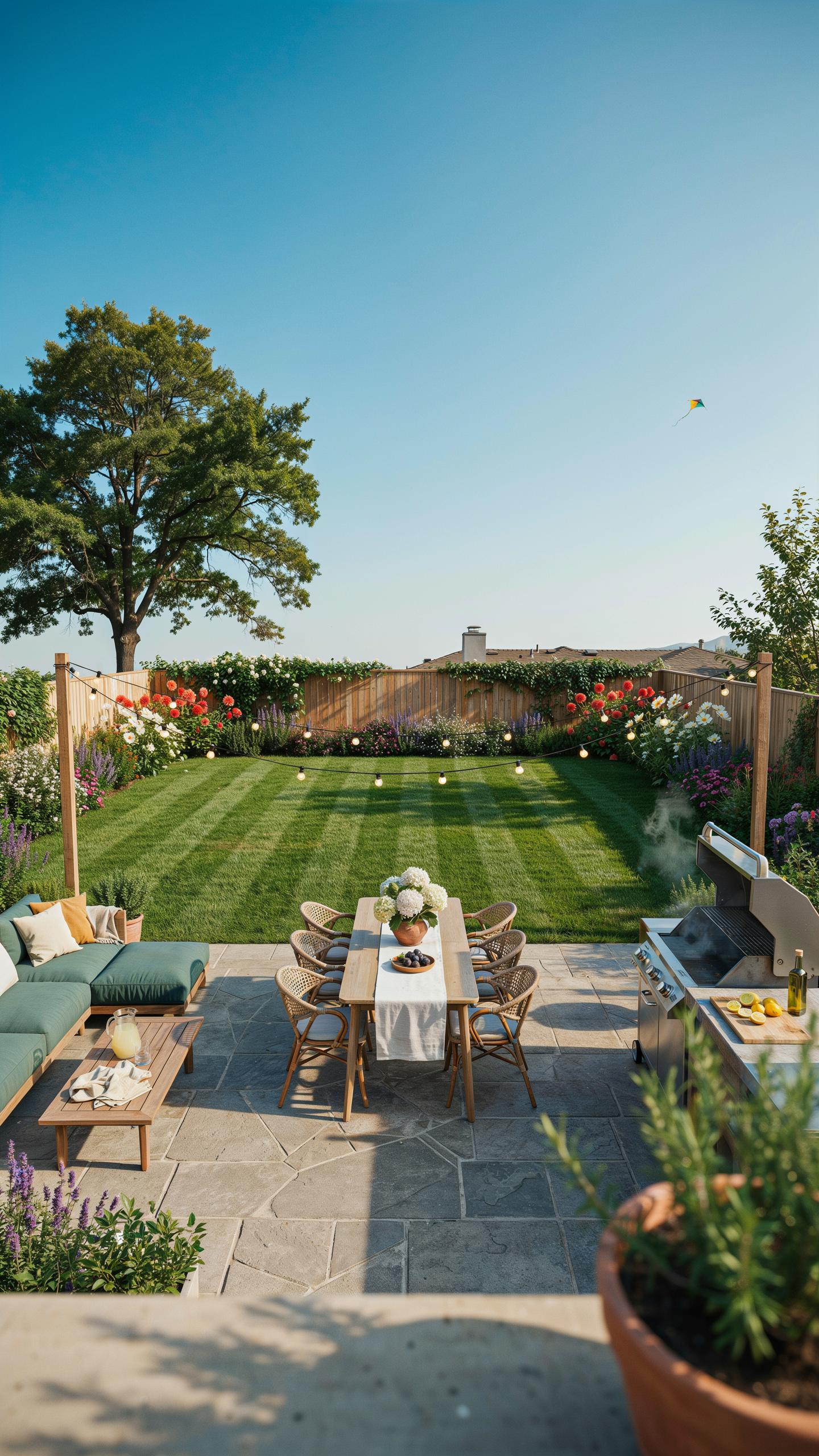 A meticulously landscaped backyard features a paved patio with an outdoor dining table and a sectional sofa, leading to a long, striped lawn bordered