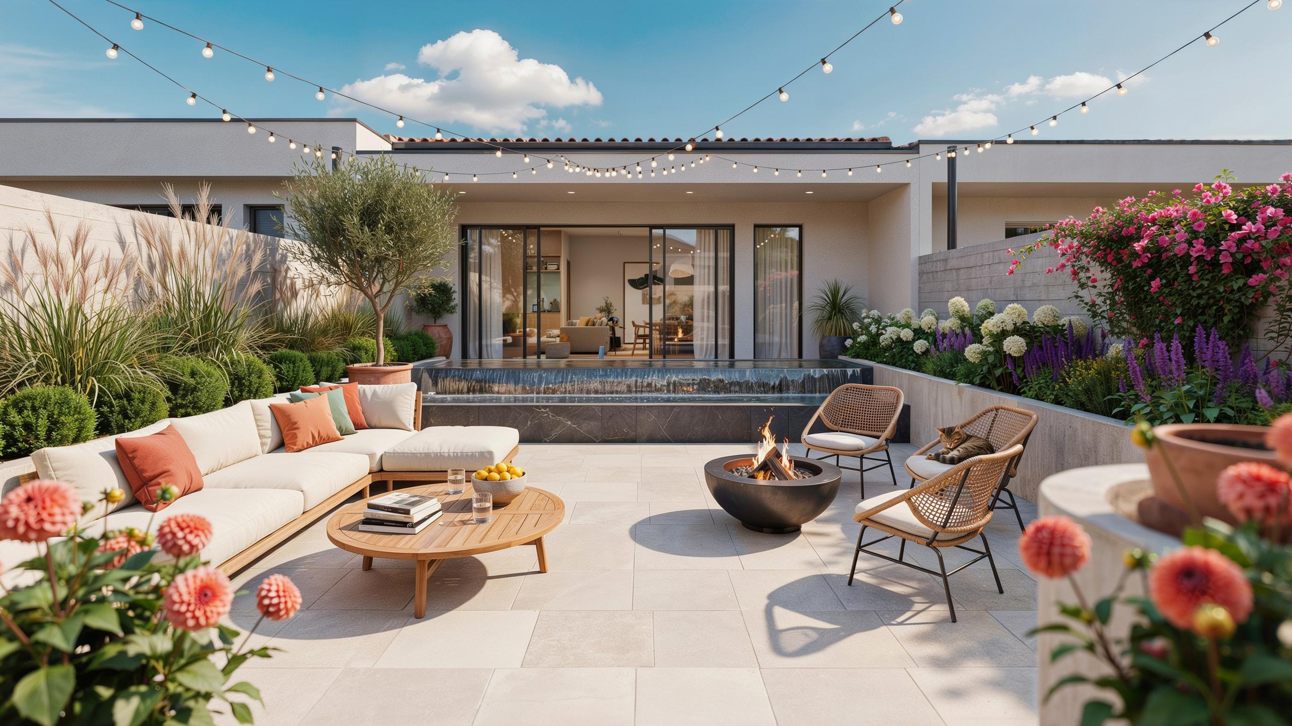 A modern outdoor patio features a large L-shaped sectional sofa with orange cushions, a round wooden coffee table, a black fire pit with three woven c