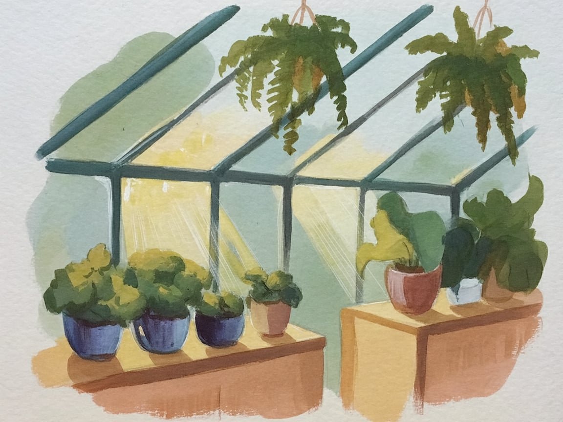 Painted illustration of the inside of a sunlit glass greenhouse with potted plants