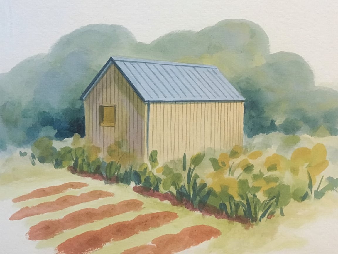 Painted illustration of a small barn-style home in a meadow garden with raised beds