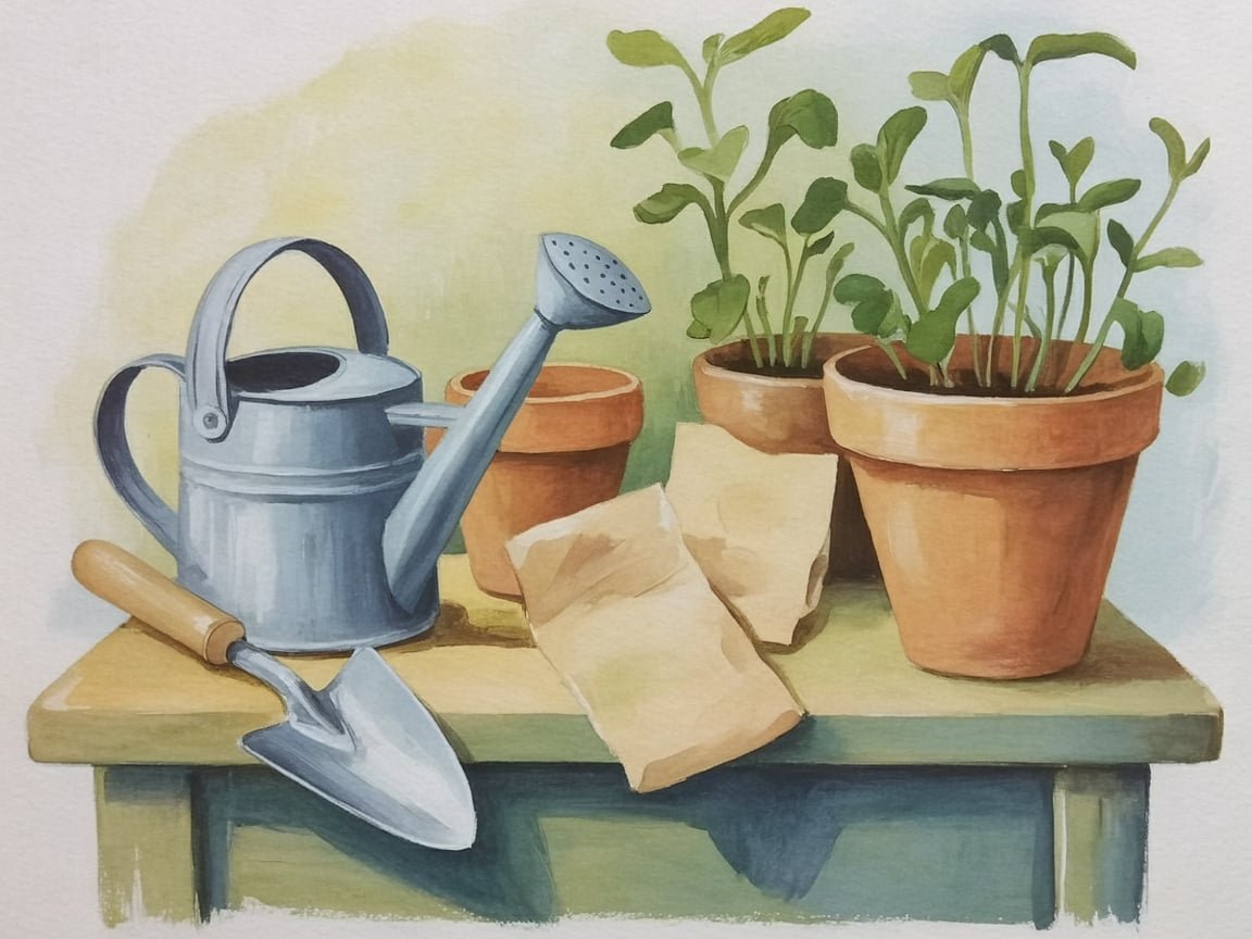 Painted still life of a potting bench with terracotta pots, a watering can and seedlings