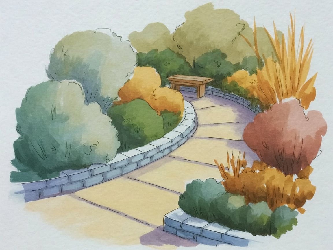 Painted illustration of a curved flagstone garden path through layered shrubs and grasses